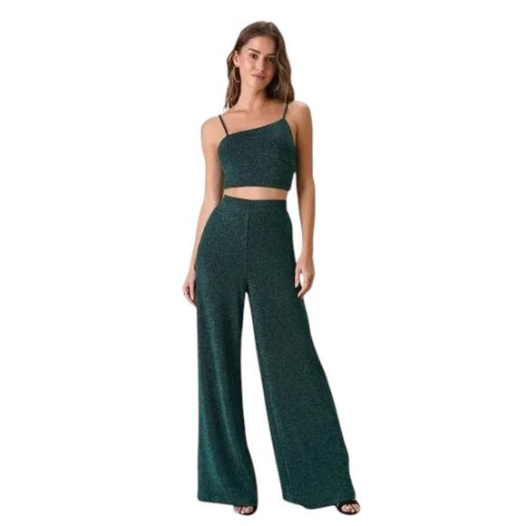Lulus Pants - Lulus Sparkle with Merriment Black and Teal Green Two-Piece Jumpsuit Medium